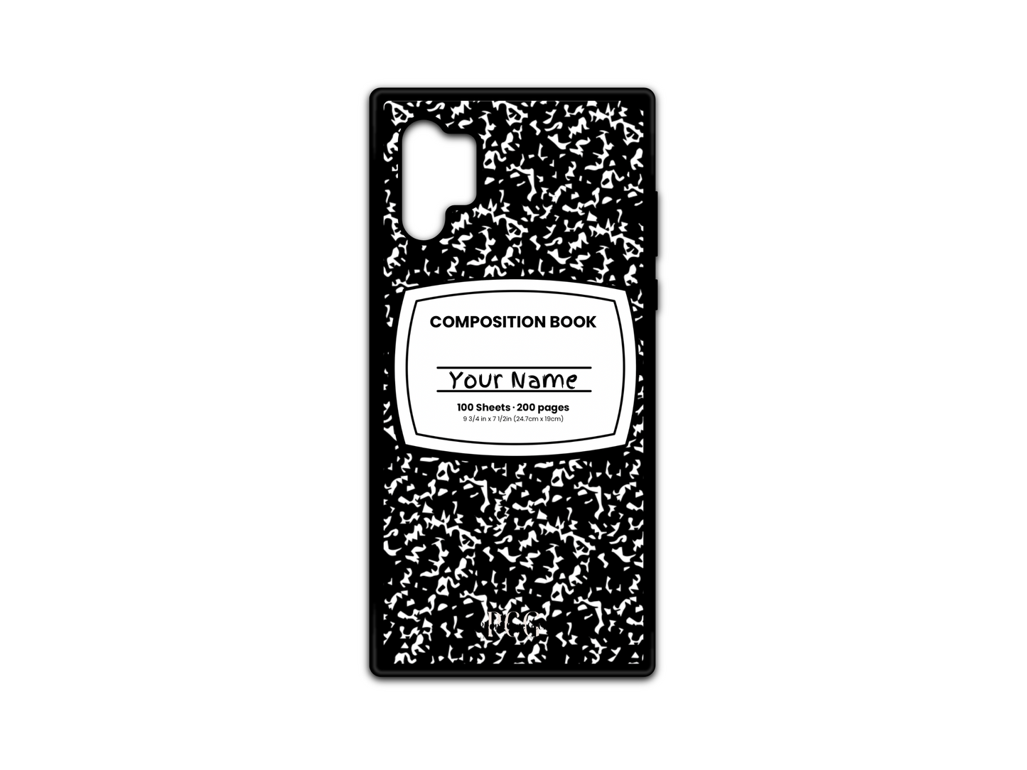 Template for a notebook phone case for Samsung Galaxy Note 10, featuring a black composition notebook design with a name placeholder in the middle.