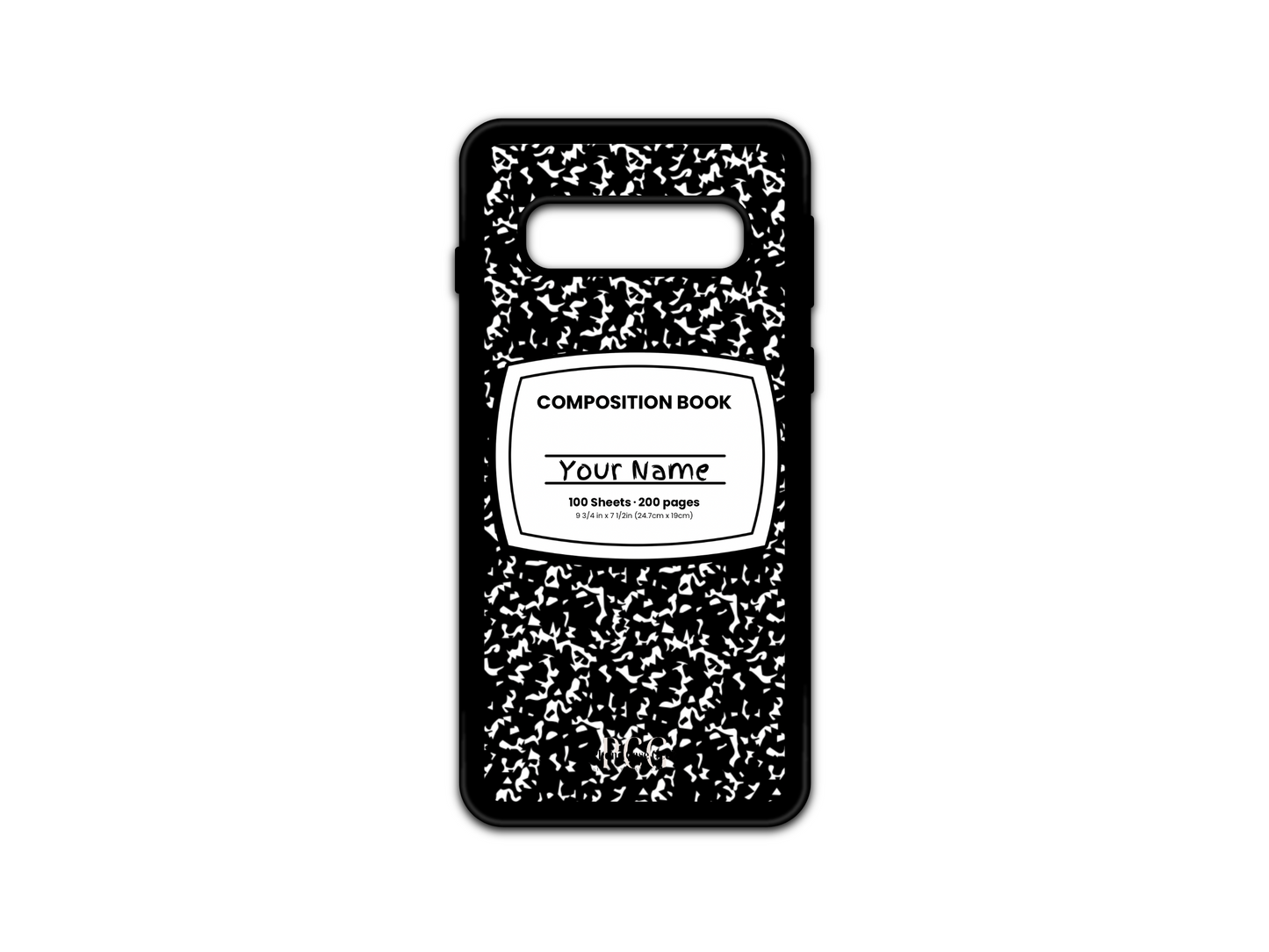 Template for a notebook phone case for Samsung Galaxy S10 and S10 5G, featuring a black composition notebook design with a name placeholder in the middle.