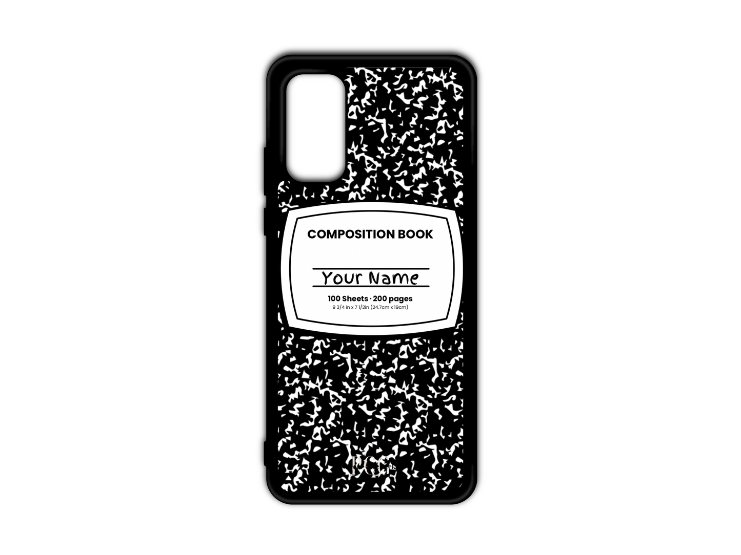 Template for a notebook phone case for Samsung Galaxy S20, S20 Ultra, and S20 FE, featuring a black composition notebook design with a name placeholder in the middle.