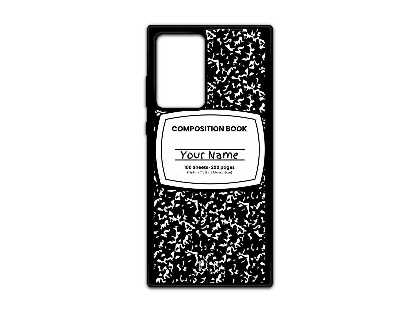 Template for a notebook phone case for Samsung Galaxy S21 Ultra, Note 20, and Note 20 Ultra, featuring a black composition notebook design with a name placeholder in the middle.