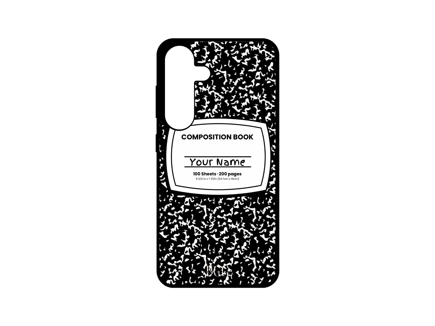 Template for a notebook phone case for Samsung Galaxy S24, S23, S22, and S21, featuring a black composition notebook design with a name placeholder in the middle.