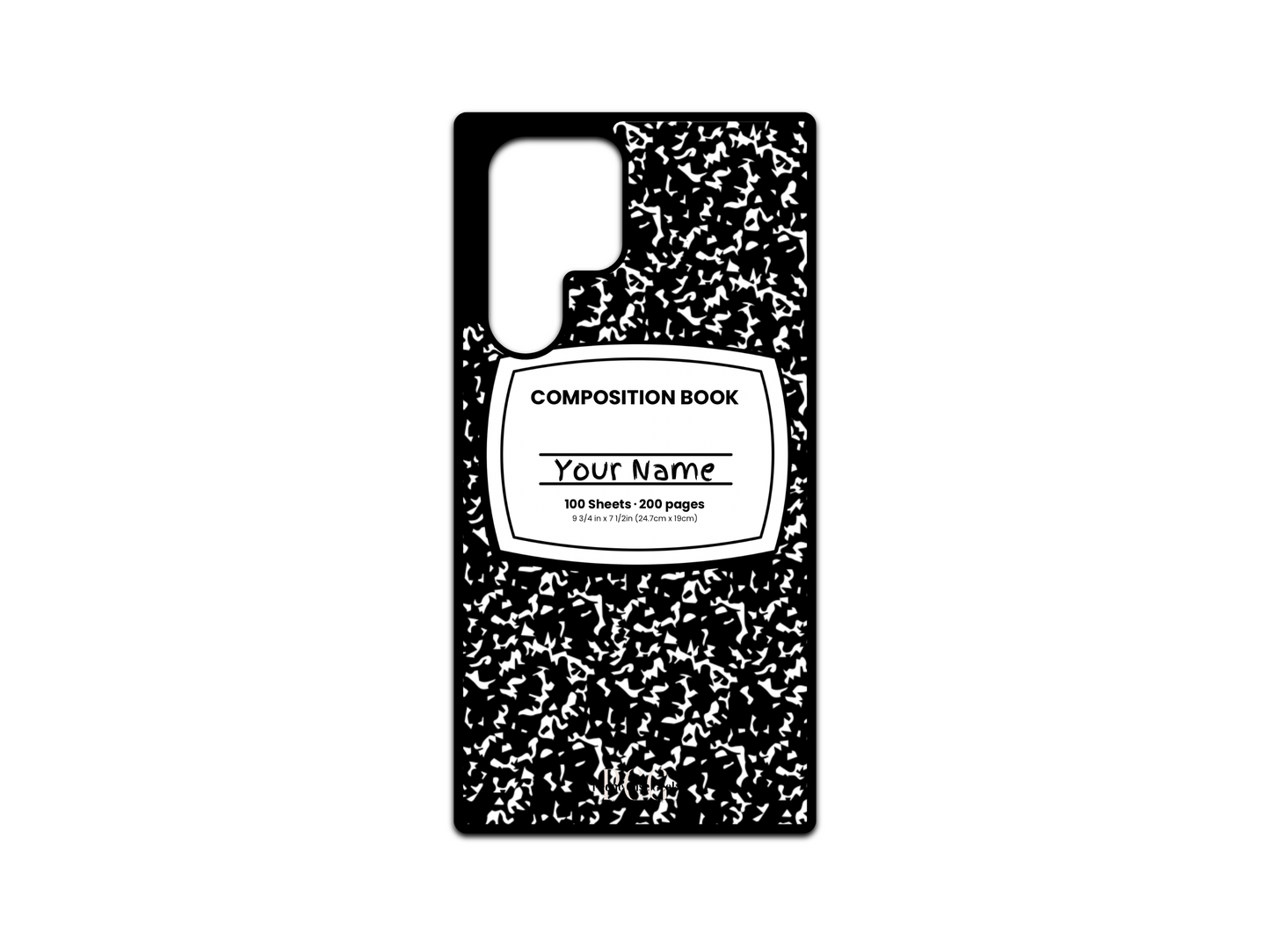 Template for a notebook phone case for Samsung Galaxy S24 Ultra, S23 Ultra, and S22 Ultra, featuring a black composition notebook design with a name placeholder in the middle.