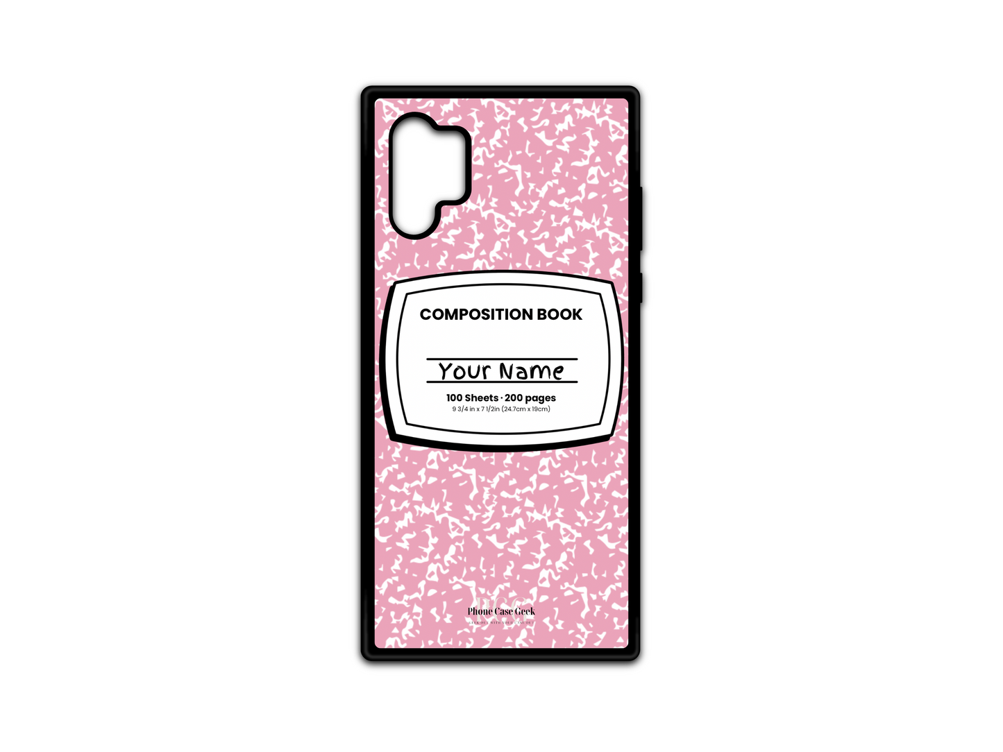 Template for a notebook phone case for Samsung Galaxy Note 10, featuring a pink composition notebook design with a name placeholder in the middle.