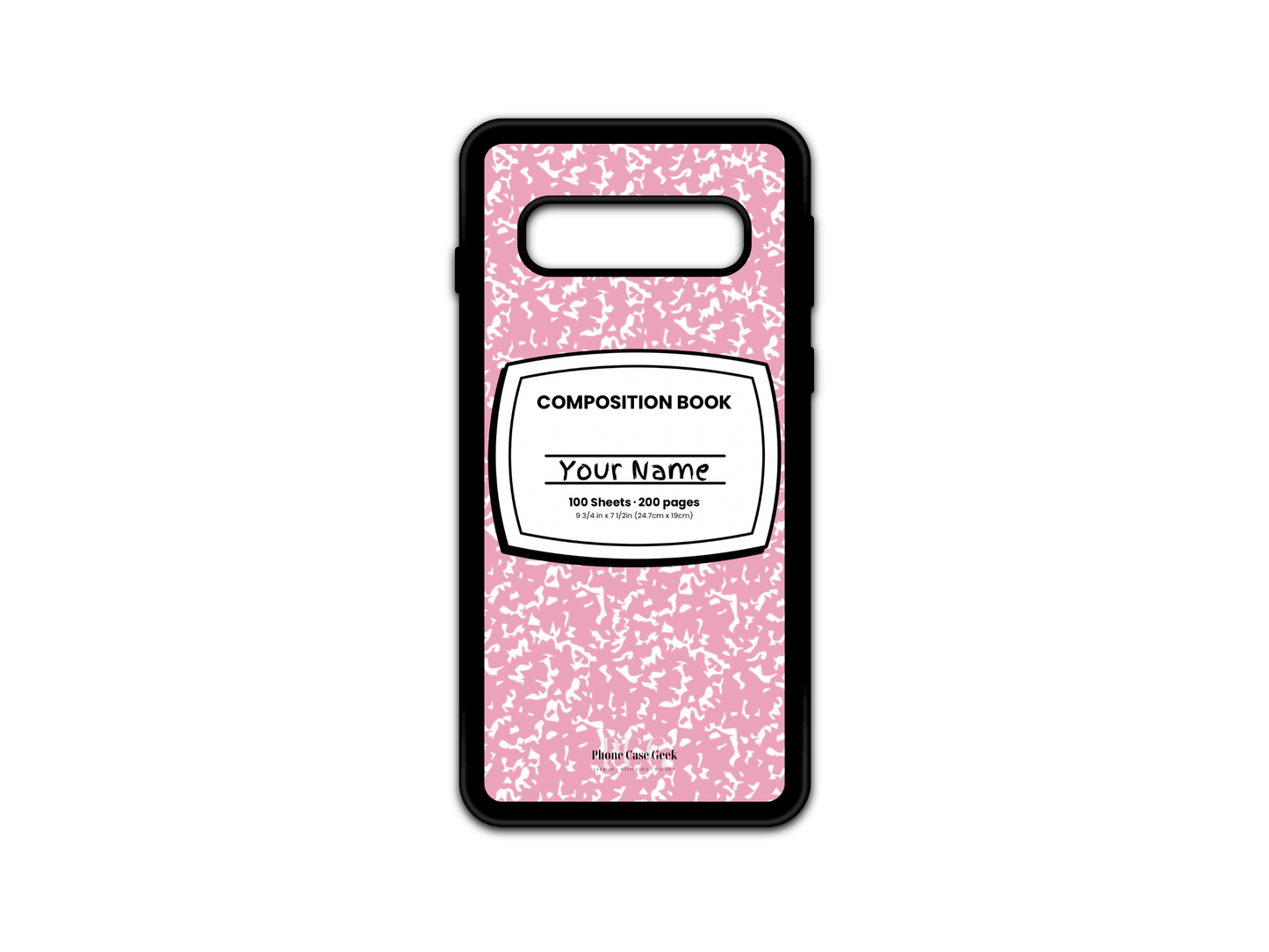 Template for a notebook phone case for Samsung Galaxy S10 and S10 5G, featuring a pink composition notebook design with a name placeholder in the middle.