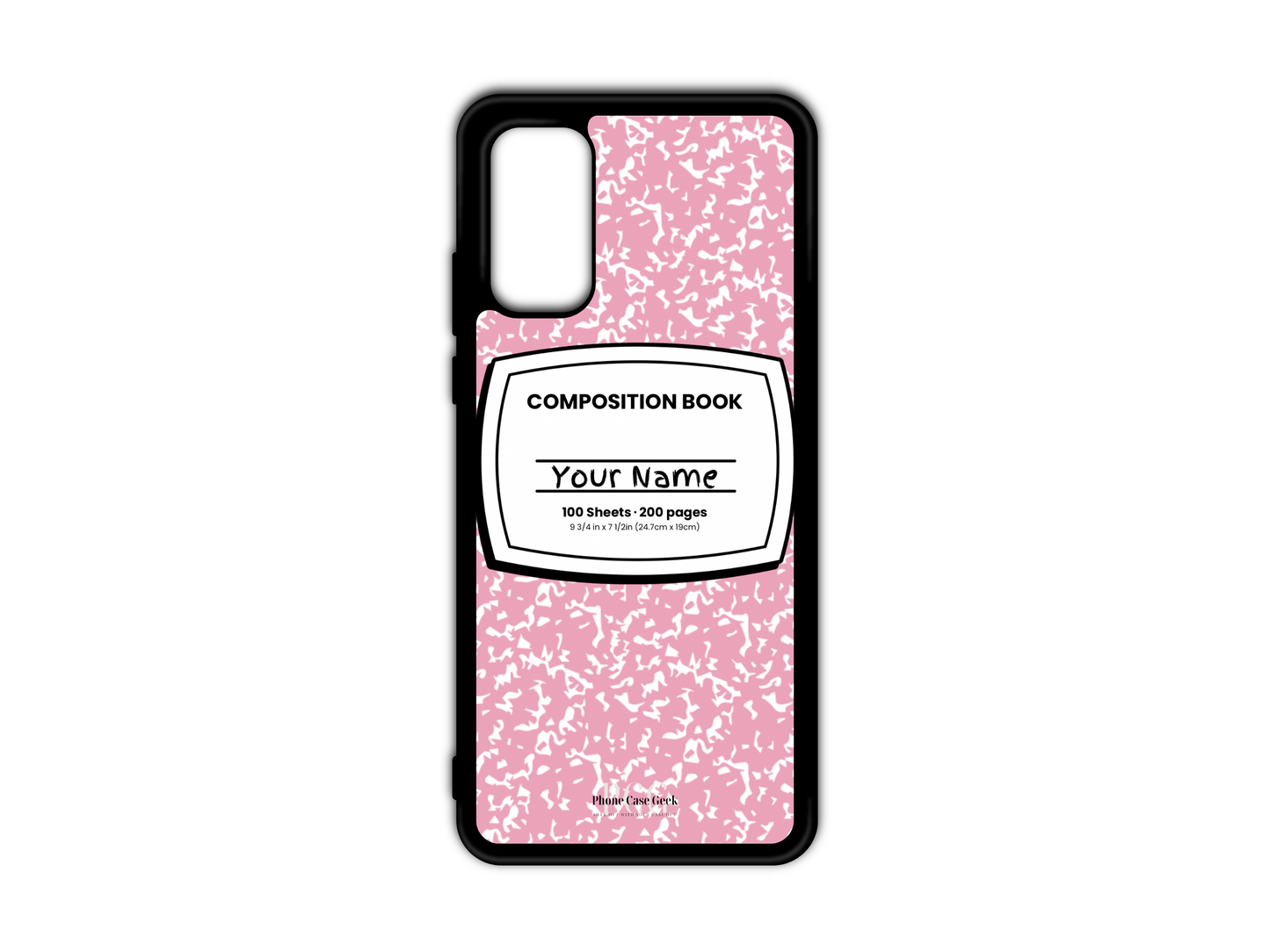 Template for a notebook phone case for Samsung Galaxy S20, S20 Ultra, and S20 FE, featuring a pink composition notebook design with a name placeholder in the middle.