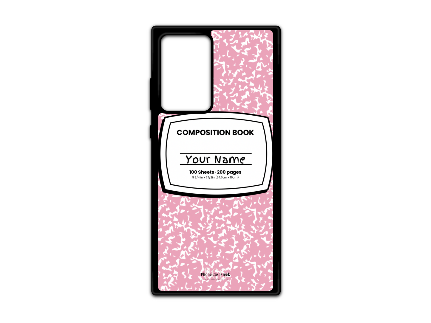 Template for a notebook phone case for Samsung Galaxy S21 Ultra, Note 20, and Note 20 Ultra, featuring a pink composition notebook design with a name placeholder in the middle.