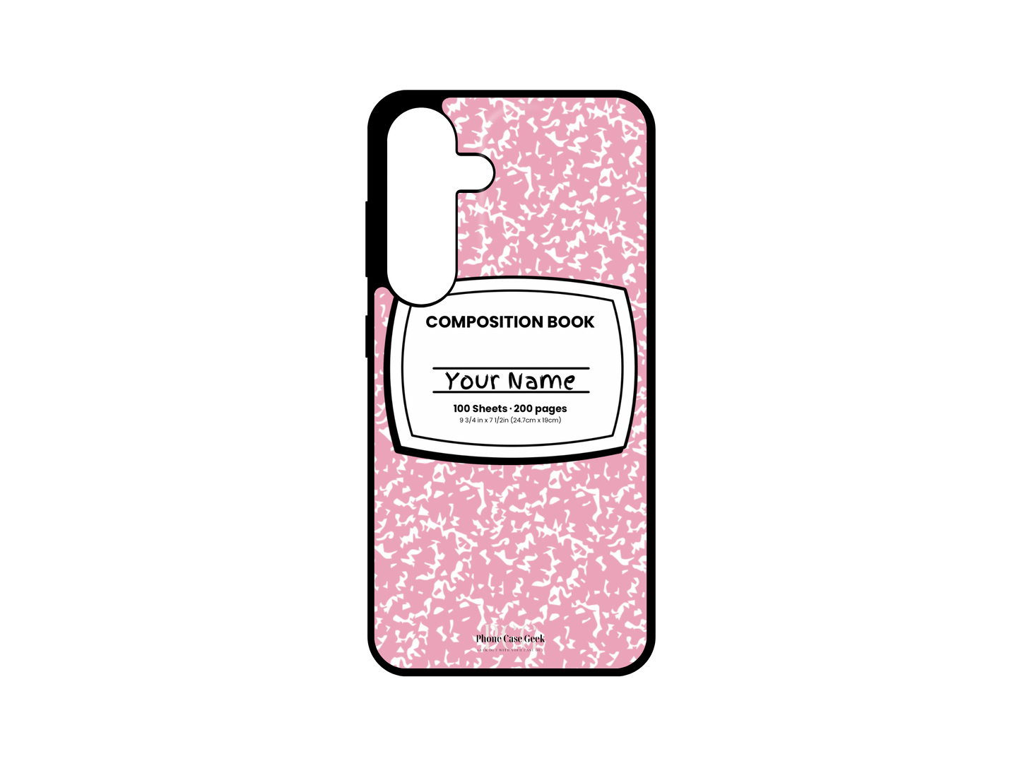 Template for a notebook phone case for Samsung Galaxy S24, S23, S22, and S21, featuring a pink composition notebook design with a name placeholder in the middle.