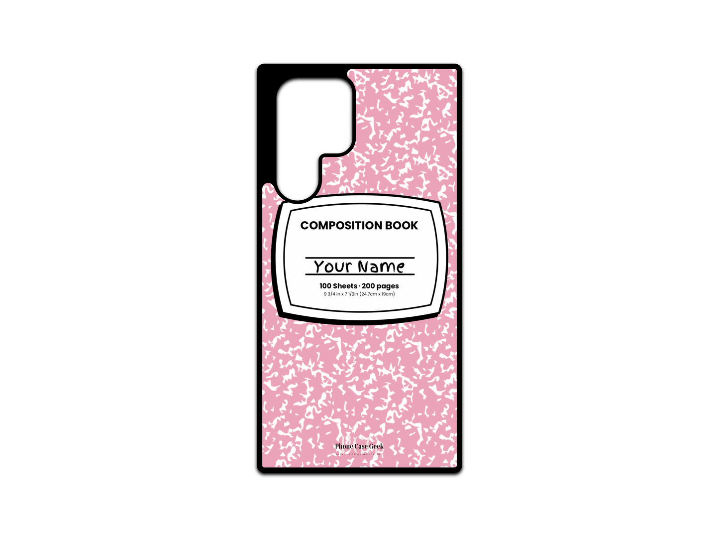 Template for a notebook phone case for Samsung Galaxy S24 Ultra, S23 Ultra, and S22 Ultra, featuring a pink composition notebook design with a name placeholder in the middle.