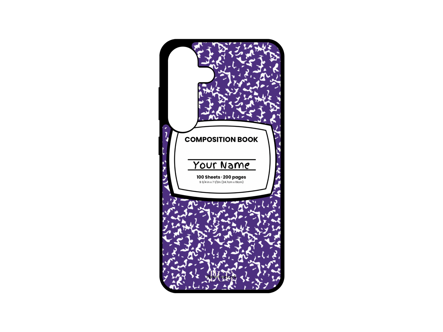 Template for a notebook phone case for Samsung Galaxy S24, S23, S22, and S21, featuring a purple composition notebook design with a name placeholder in the middle.