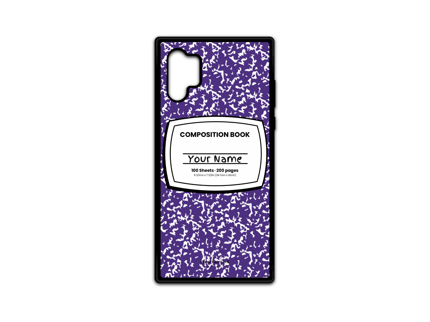 Template for a notebook phone case for Samsung Galaxy Note 10, featuring a purple composition notebook design with a name placeholder in the middle.