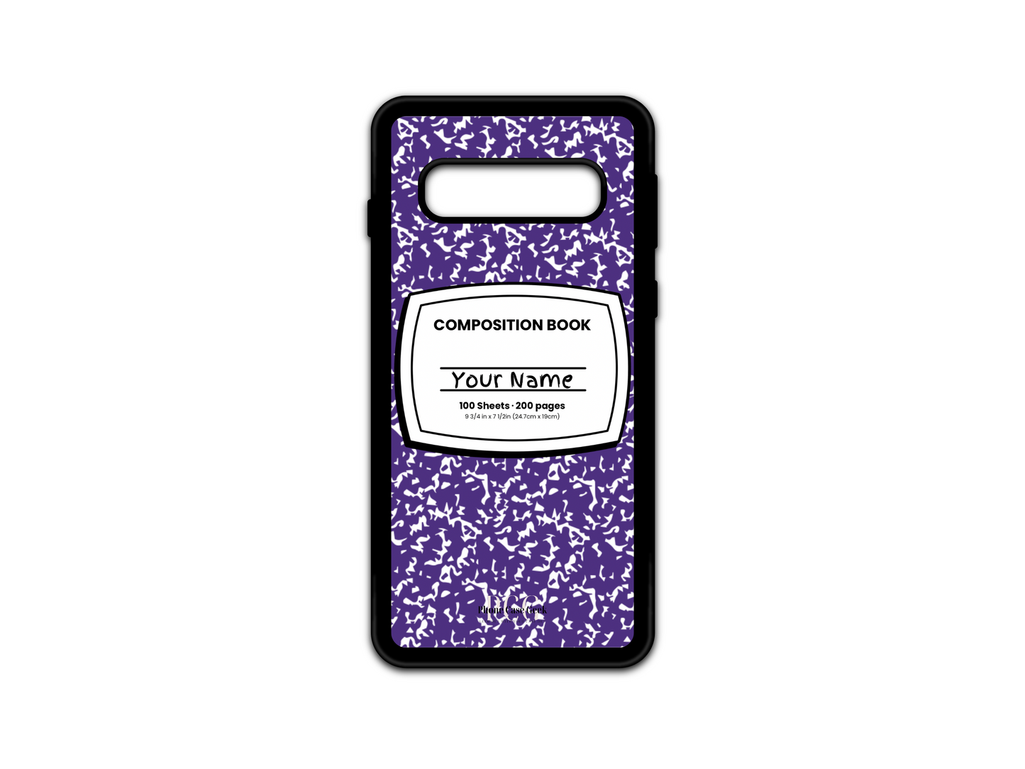 Template for a notebook phone case for Samsung Galaxy S10 and S10 5G, featuring a purple composition notebook design with a name placeholder in the middle.