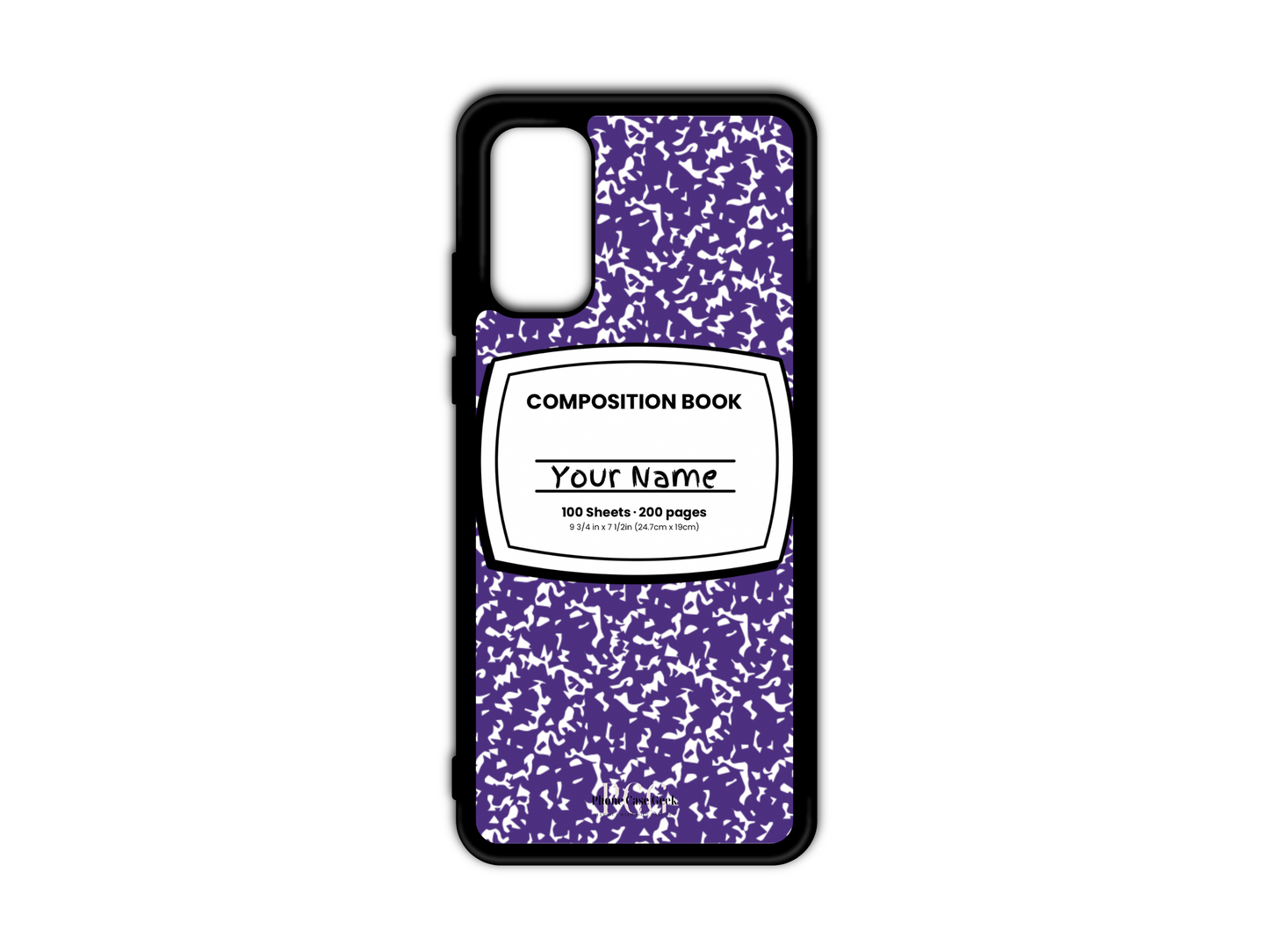 Template for a notebook phone case for Samsung Galaxy S20, S20 Ultra, and S20 FE, featuring a purple composition notebook design with a name placeholder in the middle.