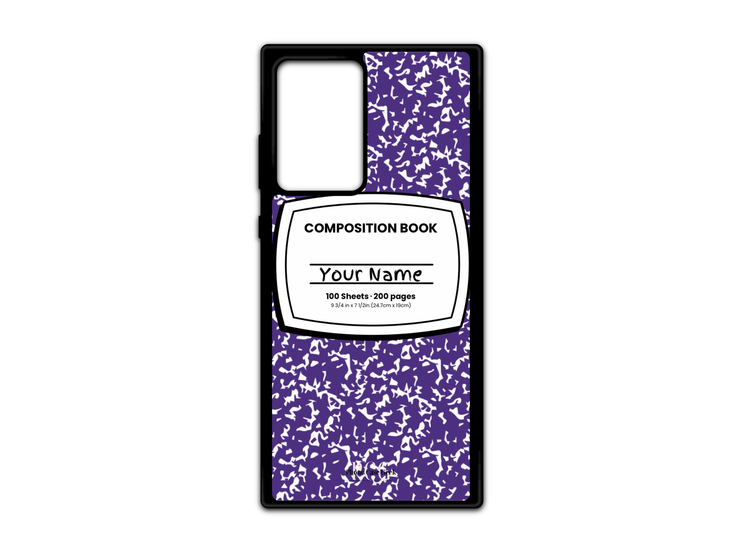 Template for a notebook phone case for Samsung Galaxy S21 Ultra, Note 20, and Note 20 Ultra, featuring a purple composition notebook design with a name placeholder in the middle.