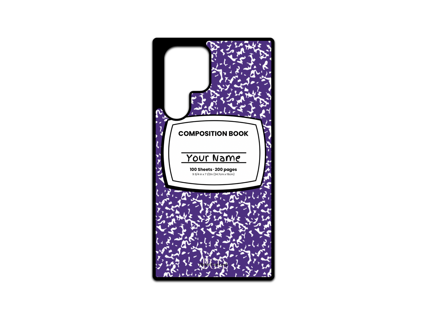 Template for a notebook phone case for Samsung Galaxy S24 Ultra, S23 Ultra, and S22 Ultra, featuring a purple composition notebook design with a name placeholder in the middle.