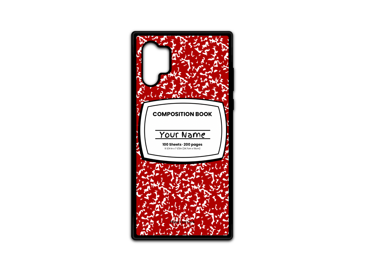 Template for a notebook phone case for Samsung Galaxy Note 10, featuring a red composition notebook design with a name placeholder in the middle.