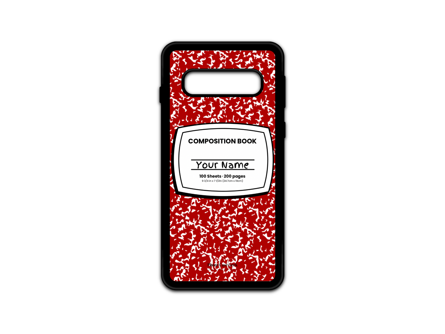 Template for a notebook phone case for Samsung Galaxy S10 and S10 5G, featuring a red  composition notebook design with a name placeholder in the middle.