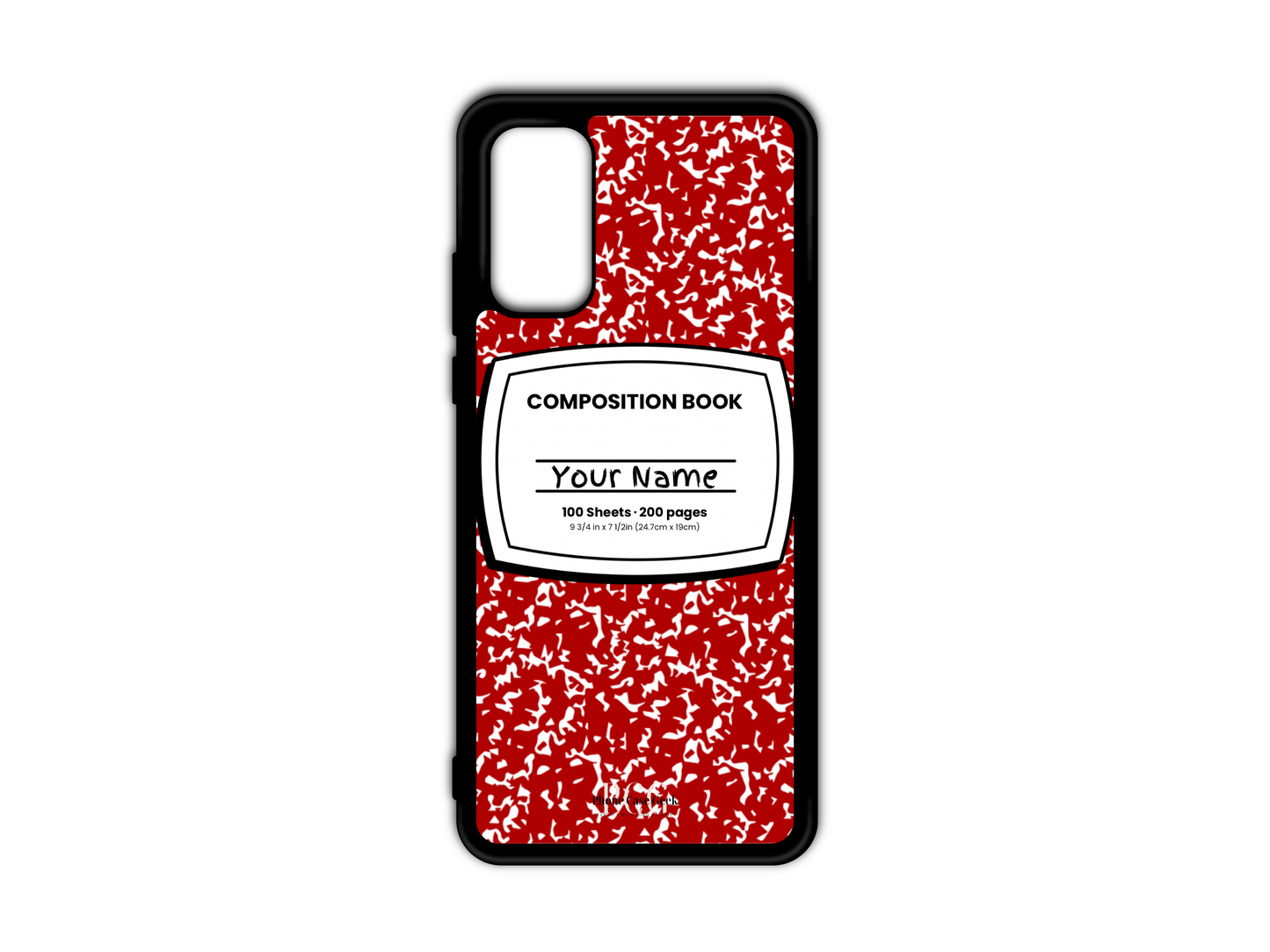 Template for a notebook phone case for Samsung Galaxy S20, S20 Ultra, and S20 FE, featuring a red composition notebook design with a name placeholder in the middle.