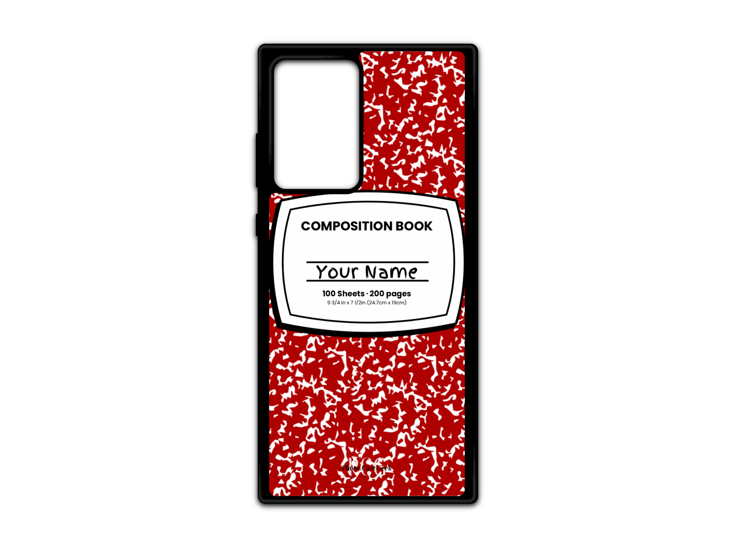 Template for a notebook phone case for Samsung Galaxy S21 Ultra, Note 20, and Note 20 Ultra, featuring a red composition notebook design with a name placeholder in the middle.