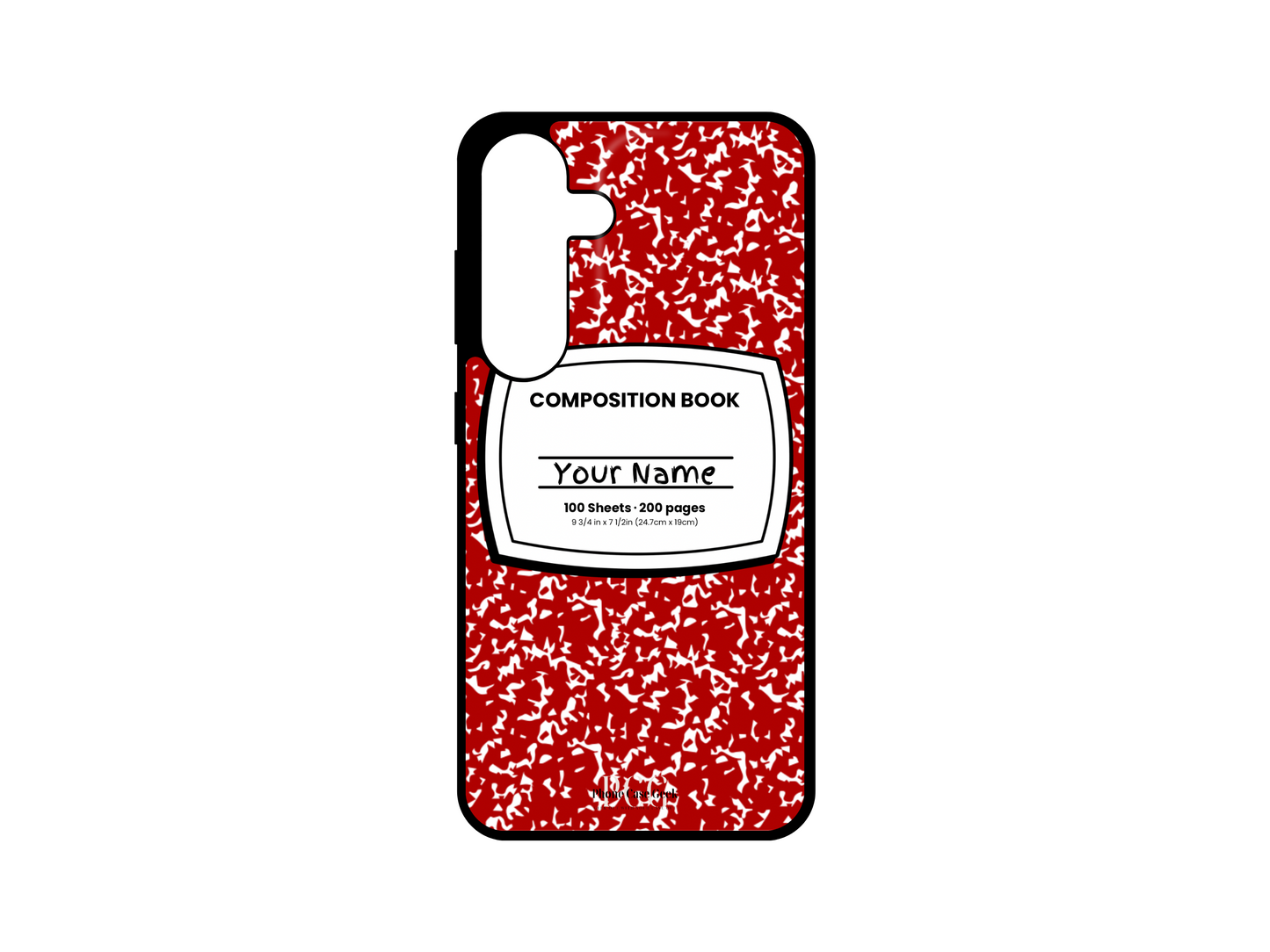 Template for a notebook phone case for Samsung Galaxy S24, S23, S22, and S21, featuring a red composition notebook design with a name placeholder in the middle.