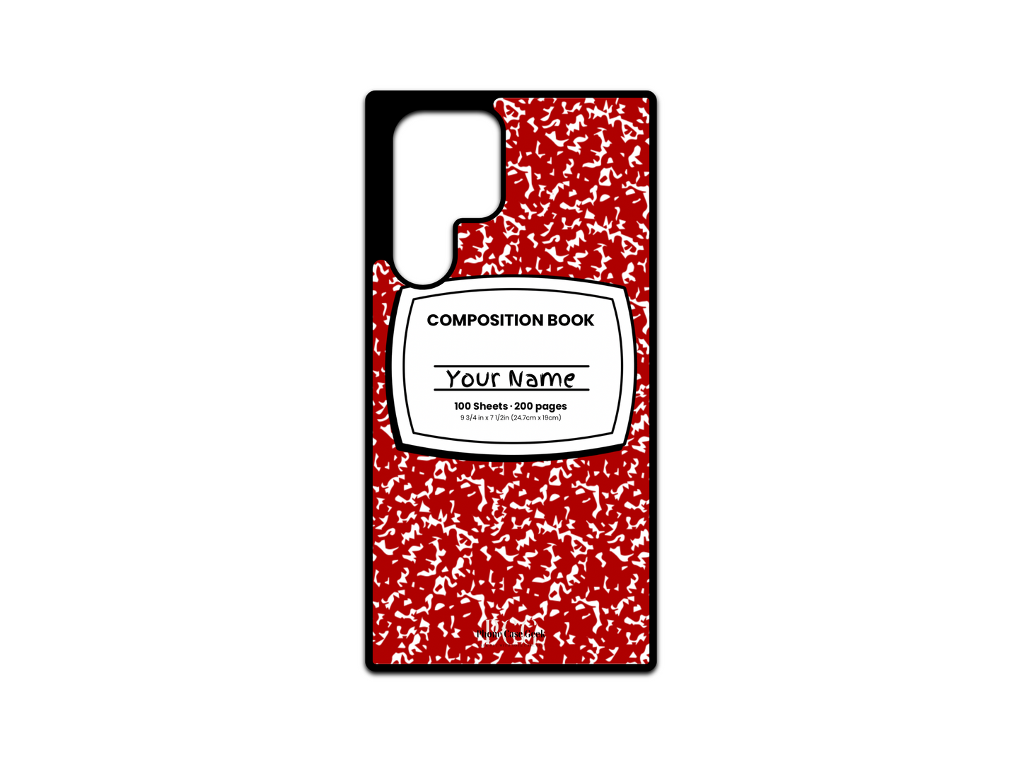 Template for a notebook phone case for Samsung Galaxy S24 Ultra, S23 Ultra, and S22 Ultra, featuring a red composition notebook design with a name placeholder in the middle.