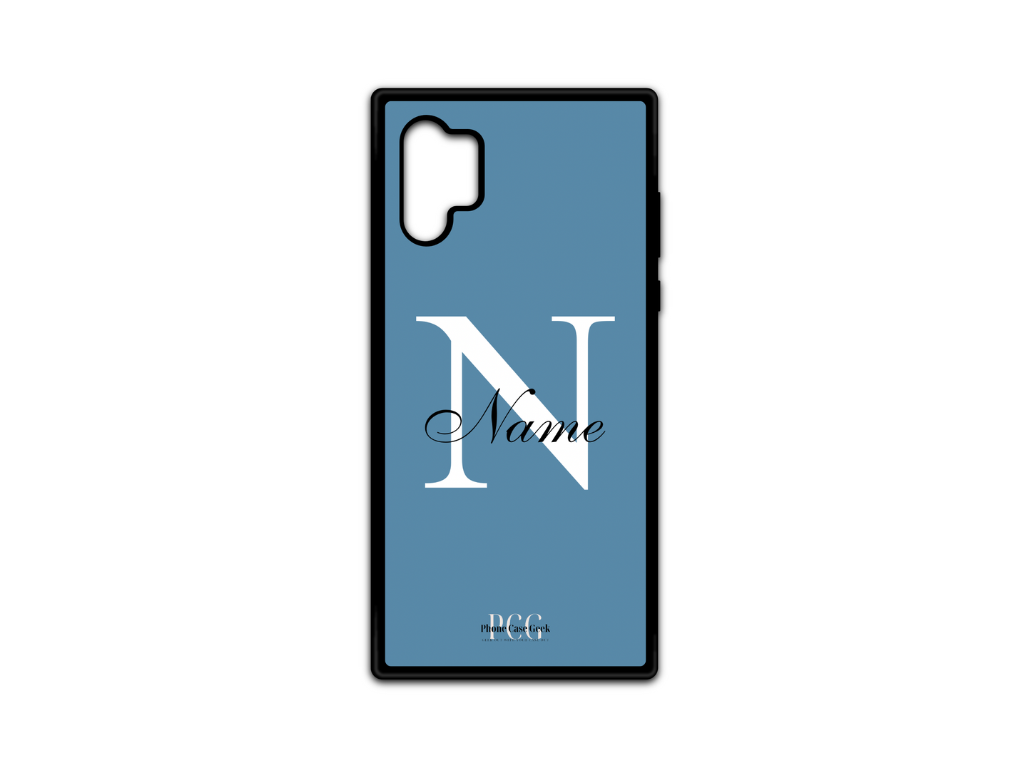 Template layout for a personalized monogram name phone case for Samsung Galaxy Note10, featuring a blue background with an initial letter and name for customization.