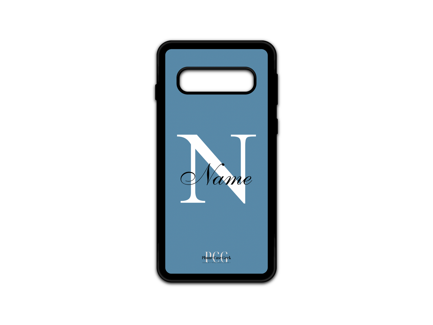 Template layout for a personalized monogram name phone case for Samsung Galaxy S10 5G and S10, featuring a blue background with an initial letter and name for customization.