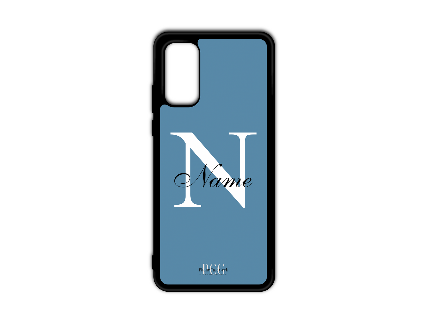 Template layout for a personalized monogram name phone case for Samsung Galaxy S20, S20 Ultra, and S20 FE, featuring a blue background with an initial letter and name for customization.