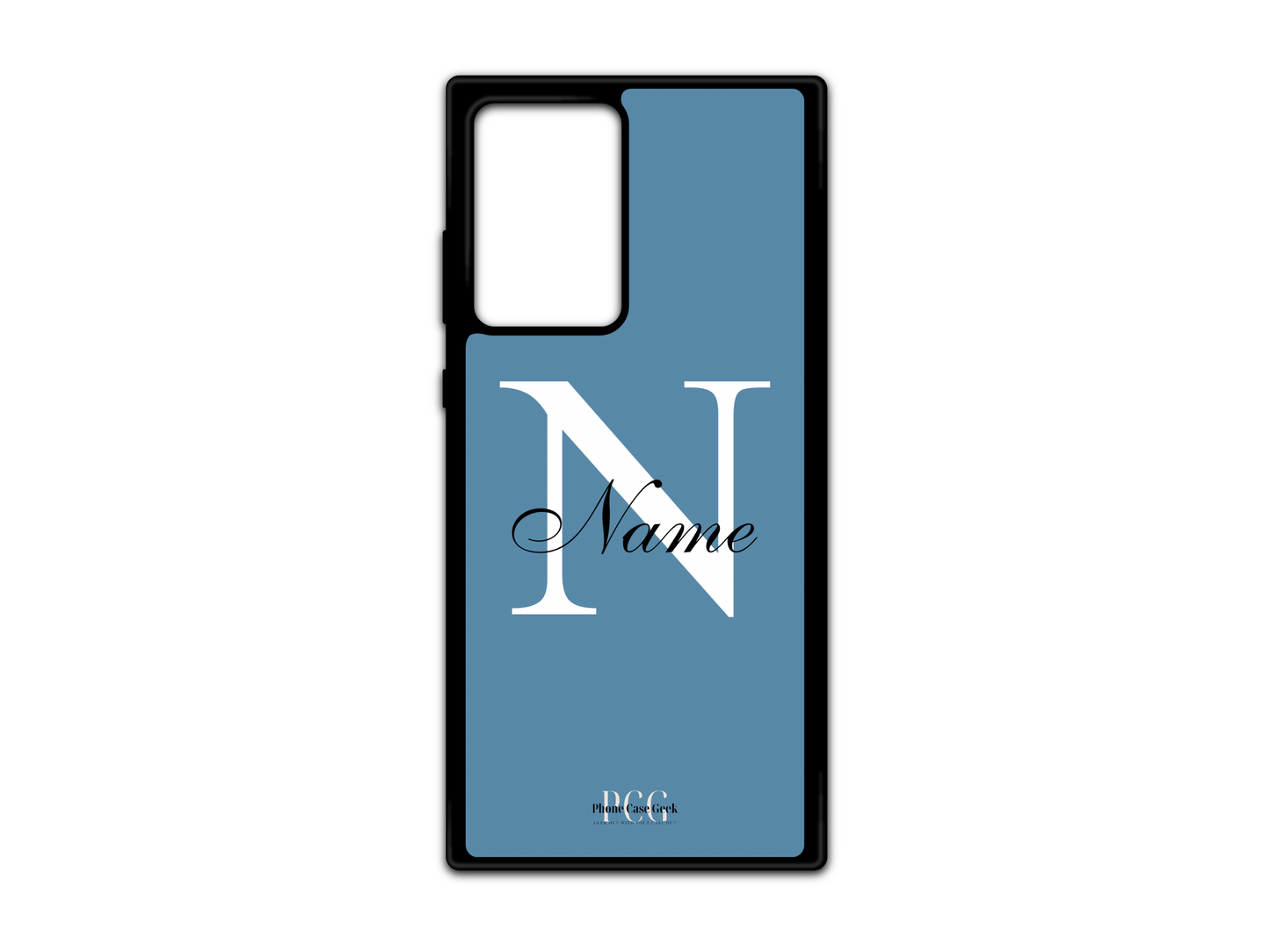 Template layout for a personalized monogram name phone case for Samsung Galaxy S21 Ultra, Note20, and Note20 Ultra, featuring a blue background with an initial letter and name for customization.