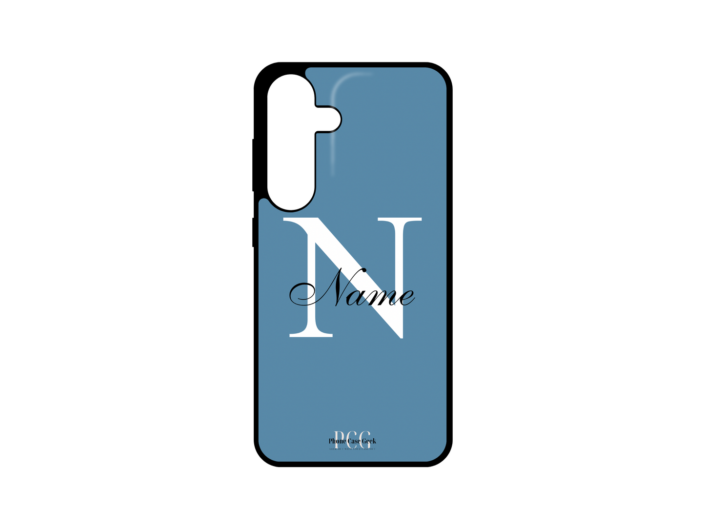 Template layout for a personalized monogram name phone case for Samsung Galaxy S24, S23, S22, and S21, featuring a blue background with an initial letter and name for customization.