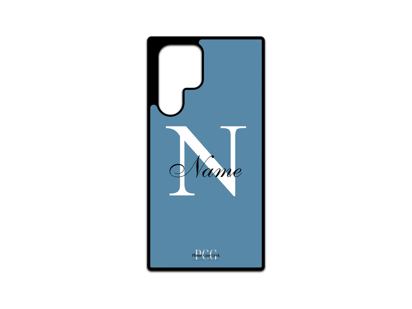 Template layout for a personalized monogram name phone case for Samsung Galaxy S24 Ultra, S23 Ultra, and S22 Ultra, featuring a blue background with an initial letter and name for customization.