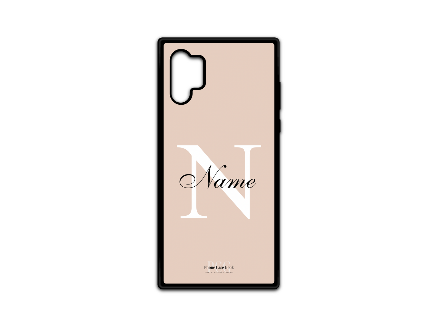 Template layout for a personalized monogram name phone case for Samsung Galaxy Note10, featuring a cream background with an initial letter and name for customization.