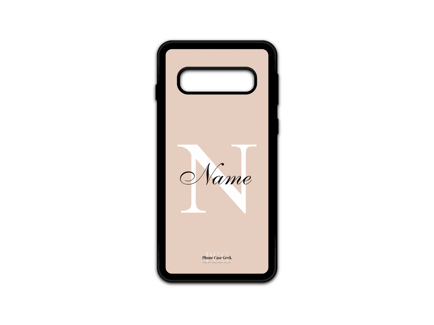 Template layout for a personalized monogram name phone case for Samsung Galaxy S10 5G and S10, featuring a cream background with an initial letter and name for customization.