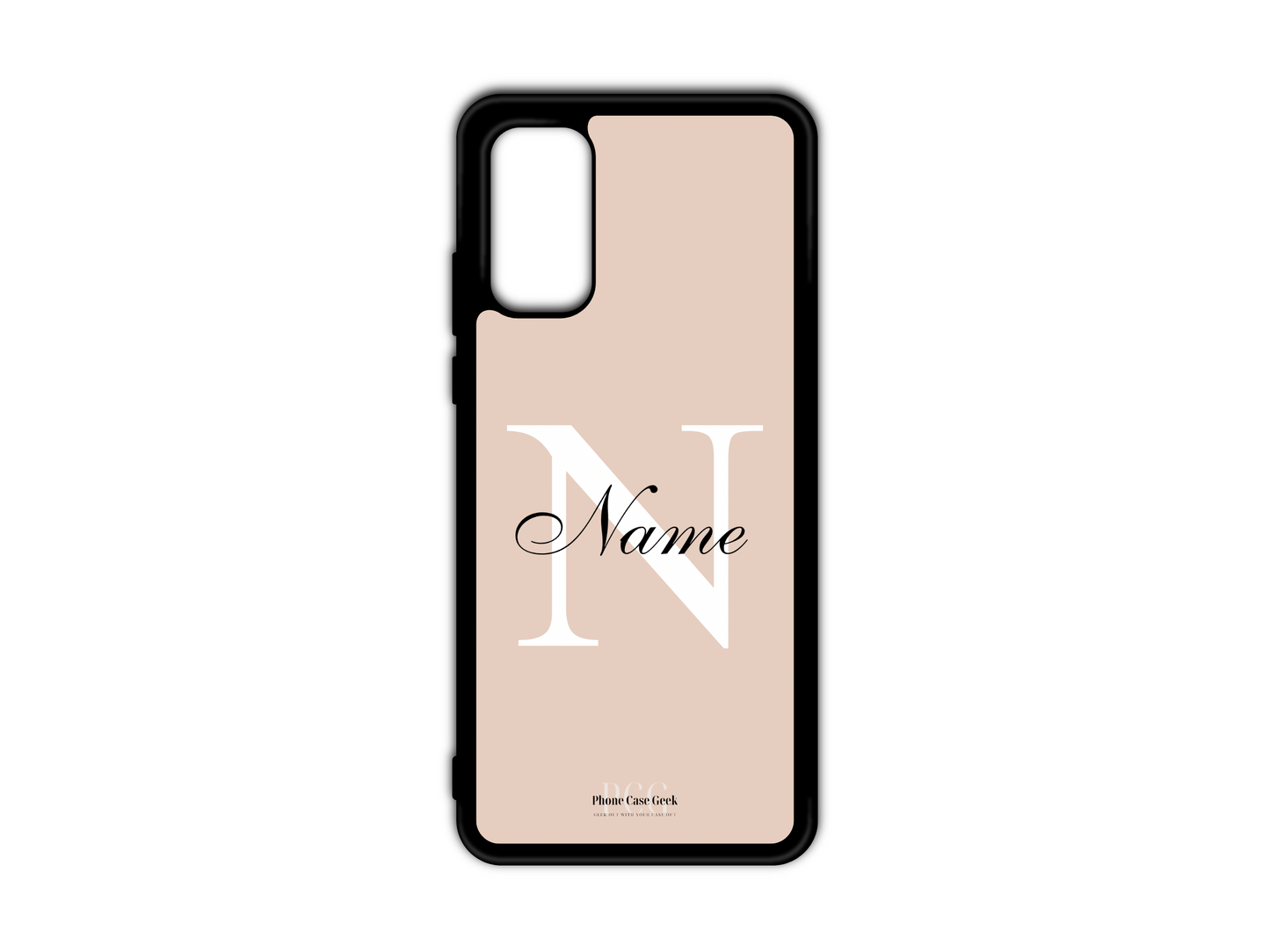 Template layout for a personalized monogram name phone case for Samsung Galaxy S20, S20 Ultra, and S20 FE, featuring a cream background with an initial letter and name for customization.