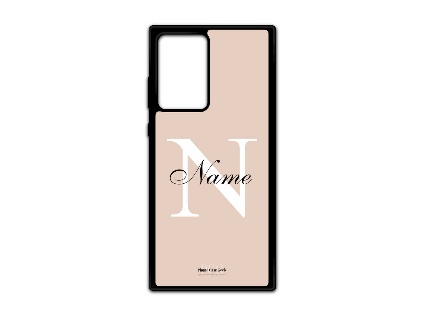 Template layout for a personalized monogram name phone case for Samsung Galaxy S21 Ultra, Note20, and Note20 Ultra, featuring a cream background with an initial letter and name for customization.