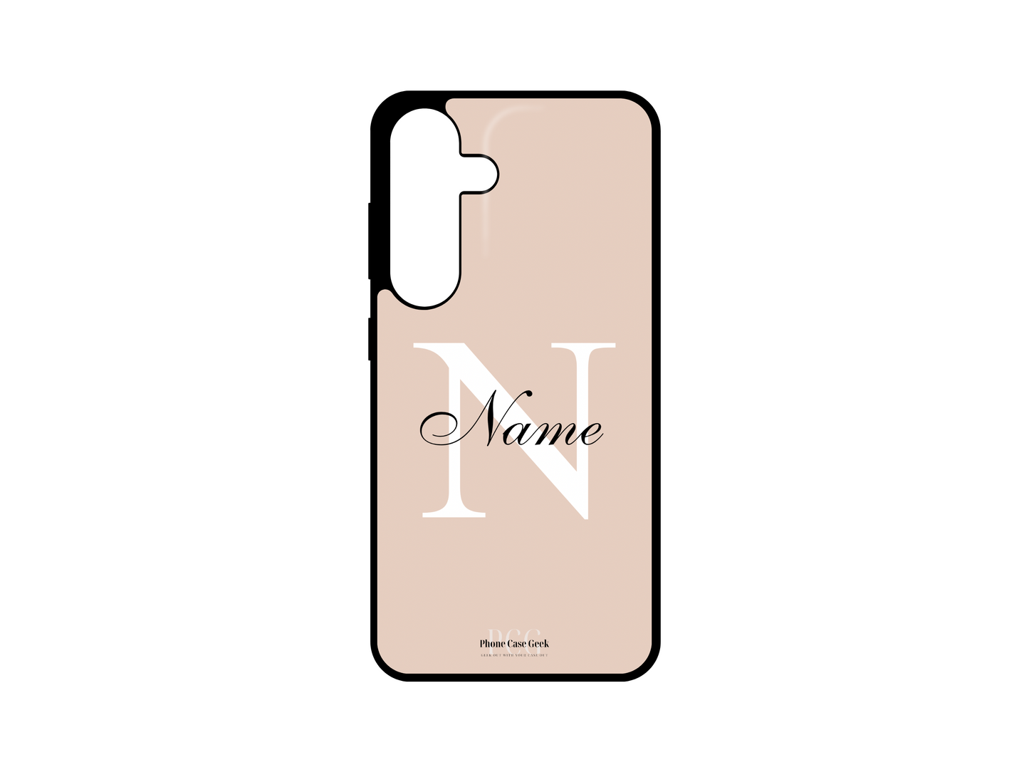 Template layout for a personalized monogram name phone case for Samsung Galaxy S24, S23, S22, and S21, featuring a cream background with an initial letter and name for customization.