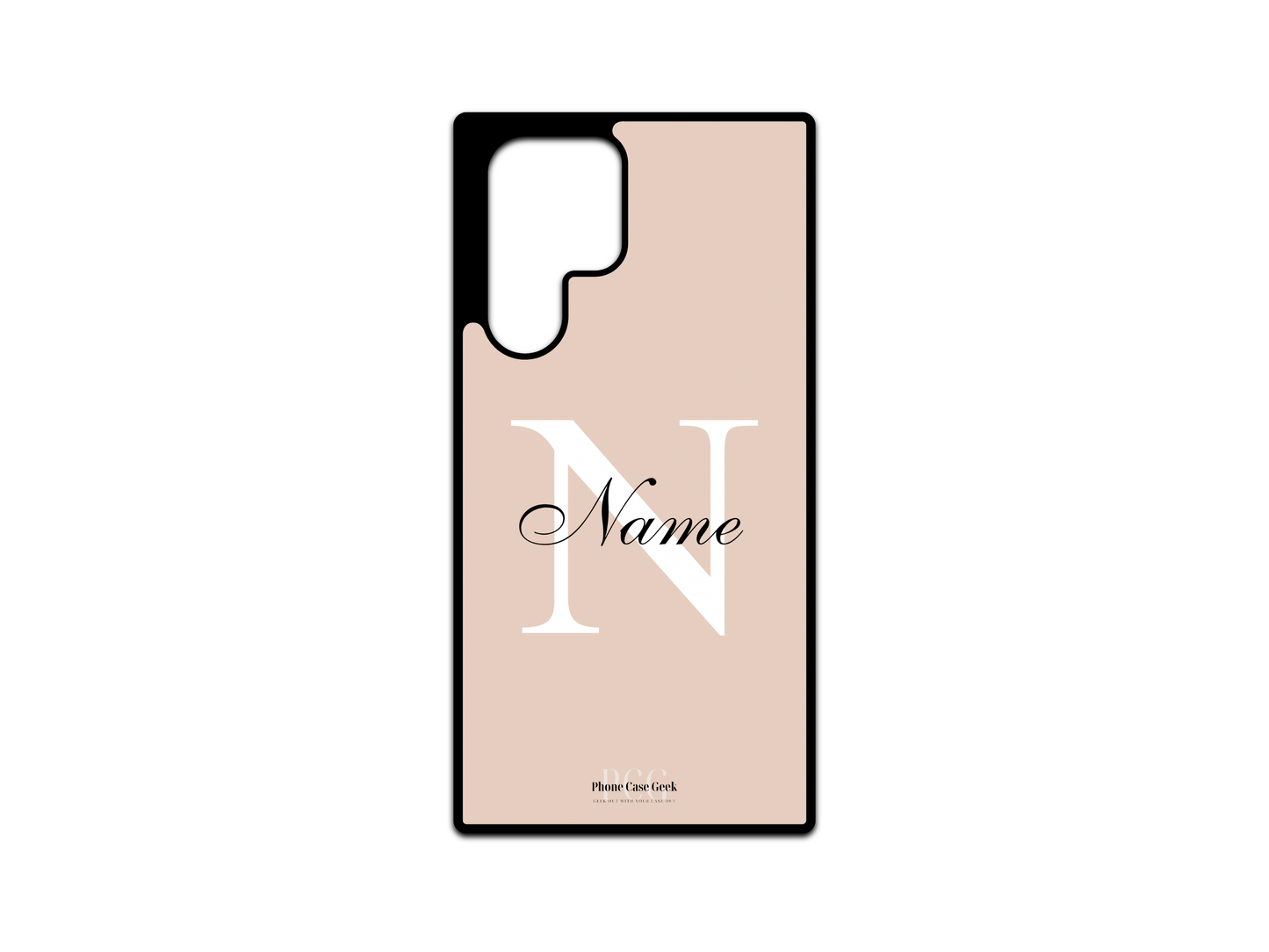 Template layout for a personalized monogram name phone case for Samsung Galaxy S24 Ultra, S23 Ultra, and S22 Ultra, featuring a cream background with an initial letter and name for customization.