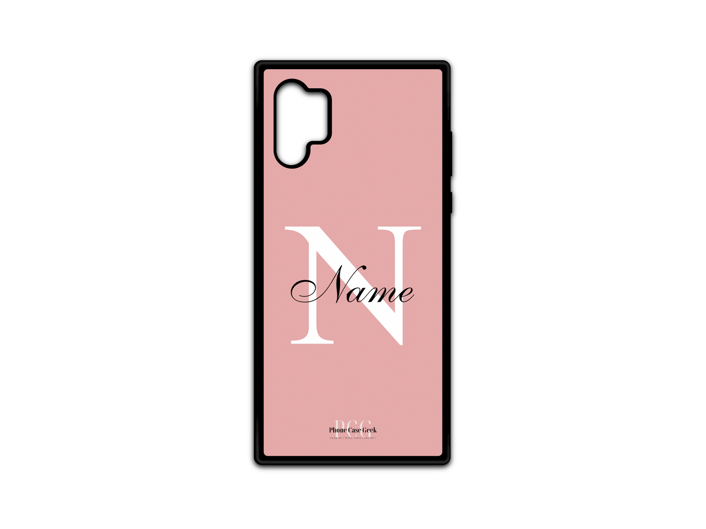 Template layout for a personalized monogram name phone case for Samsung Galaxy Note10, featuring a pink background with an initial letter and name for customization.