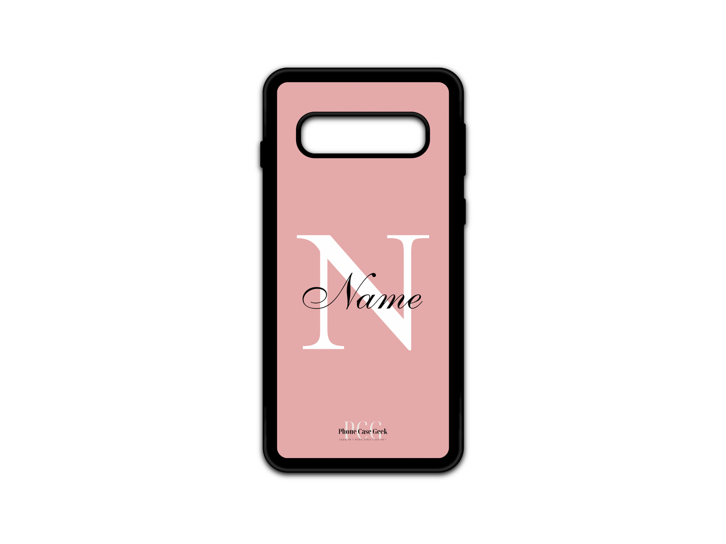 Template layout for a personalized monogram name phone case for Samsung Galaxy S10 5G and S10, featuring a pink background with an initial letter and name for customization.