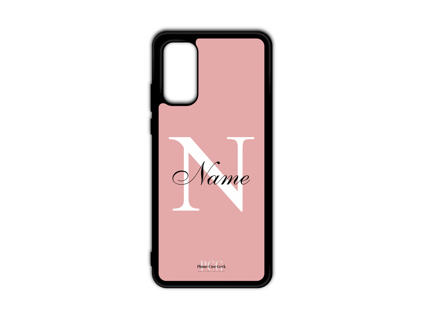 Template layout for a personalized monogram name phone case for Samsung Galaxy S20, S20 Ultra, and S20 FE, featuring a pink background with an initial letter and name for customization.