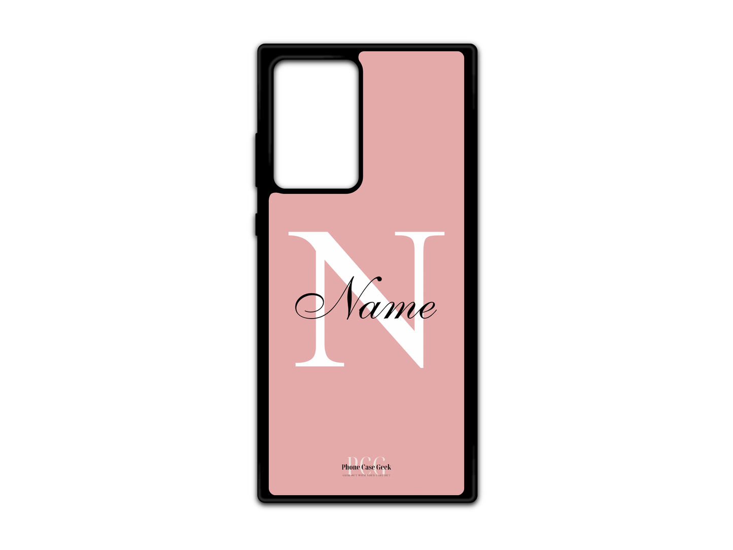 Template layout for a personalized monogram name phone case for Samsung Galaxy S21 Ultra, Note20, and Note20 Ultra, featuring a pink background with an initial letter and name for customization.