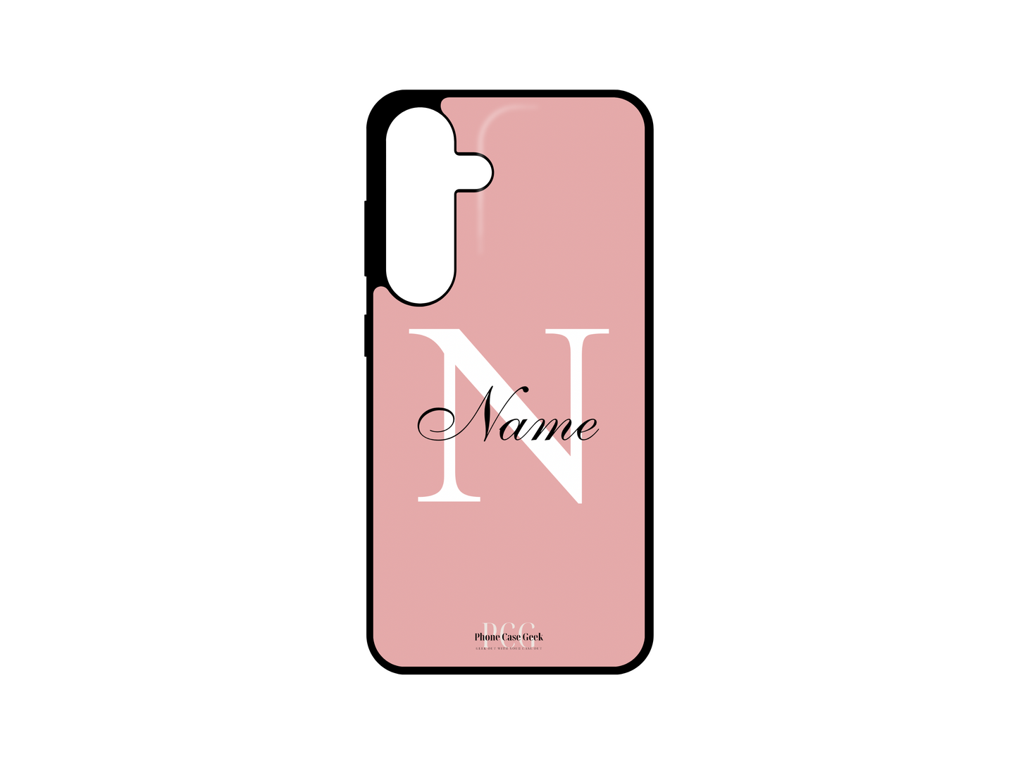 Template layout for a personalized monogram name phone case for Samsung Galaxy S24, S23, S22, and S21, featuring a pink background with an initial letter and name for customization.