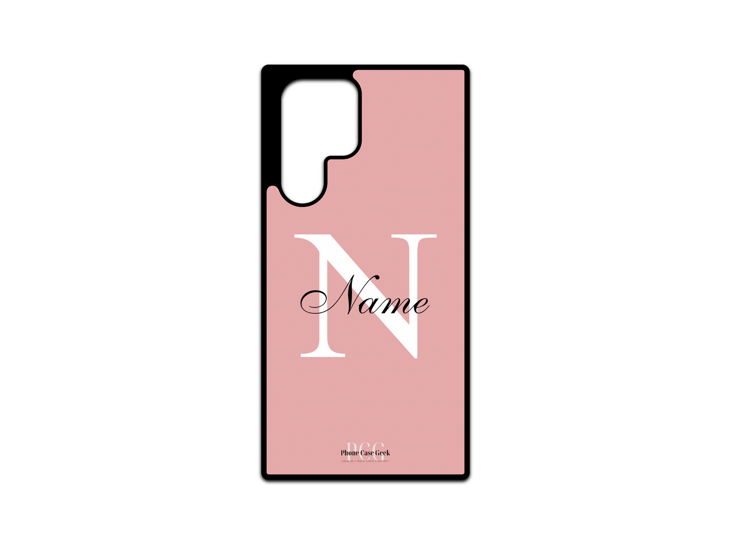 Template layout for a personalized monogram name phone case for Samsung Galaxy S24 Ultra, S23 Ultra, and S22 Ultra, featuring a pink background with an initial letter and name for customization.
