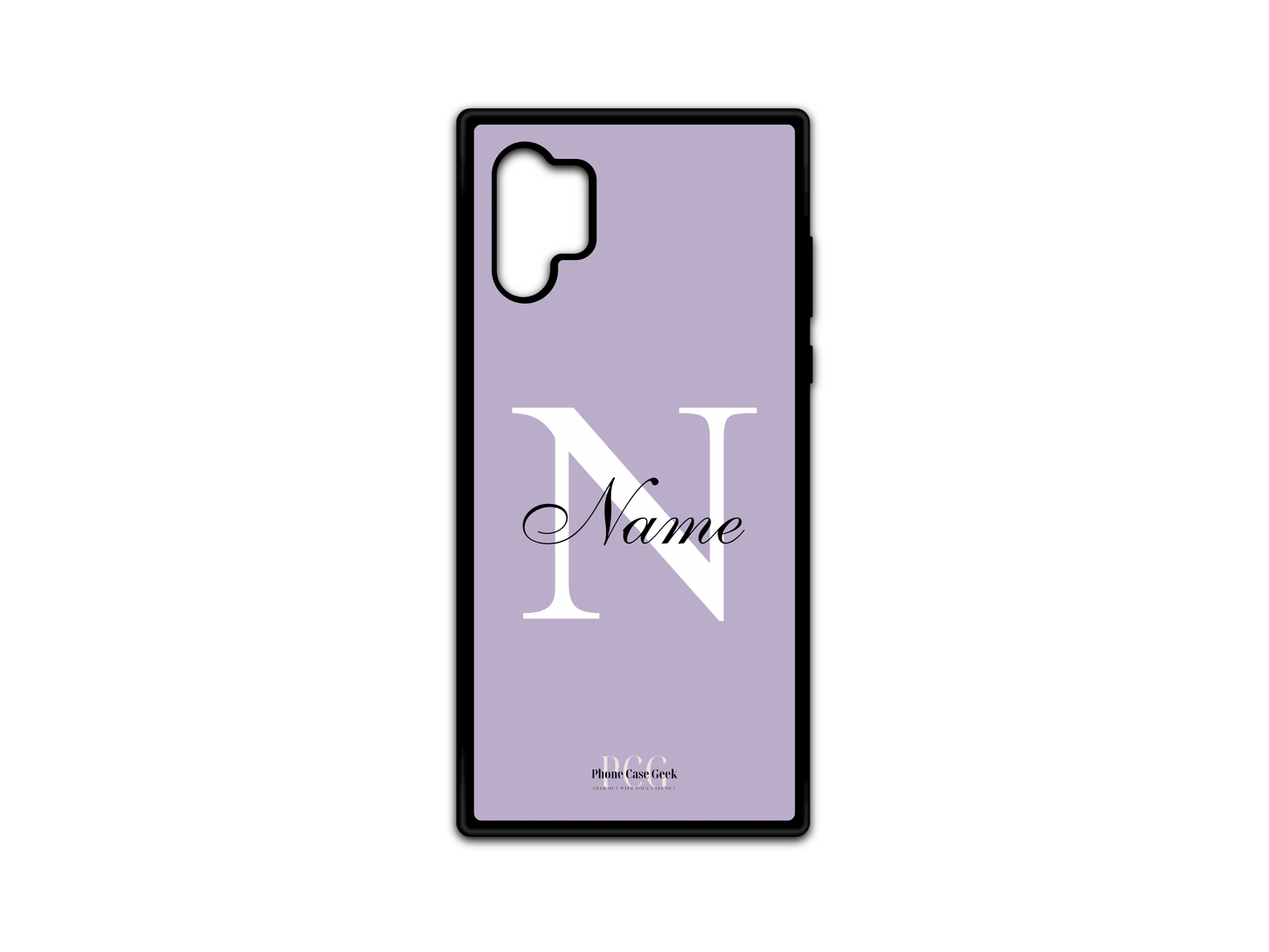 Template layout for a personalized monogram name phone case for Samsung Galaxy Note10, featuring a purple background with an initial letter and name for customization.