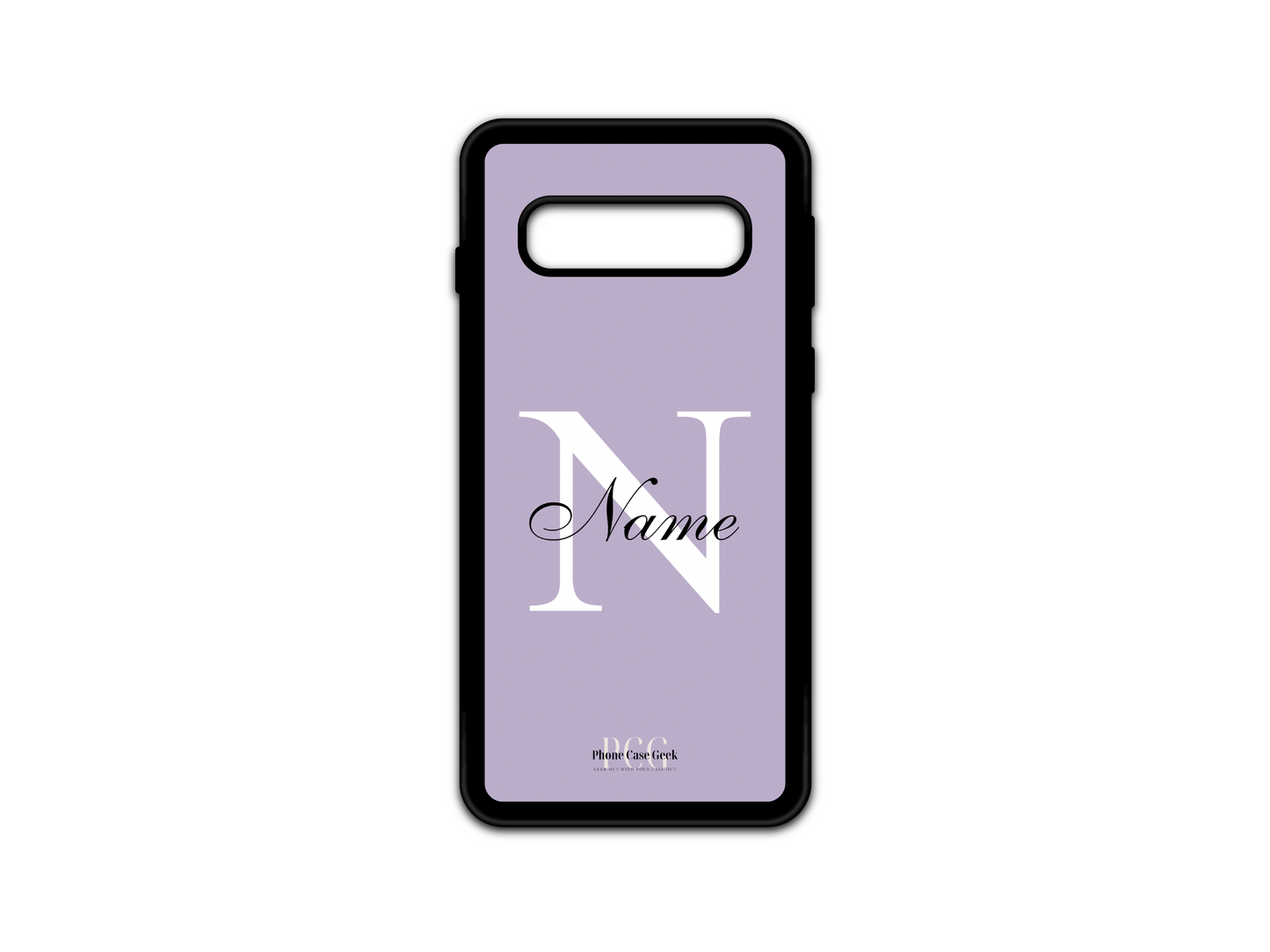 Template layout for a personalized monogram name phone case for Samsung Galaxy S10 5G and S10, featuring a purple background with an initial letter and name for customization.