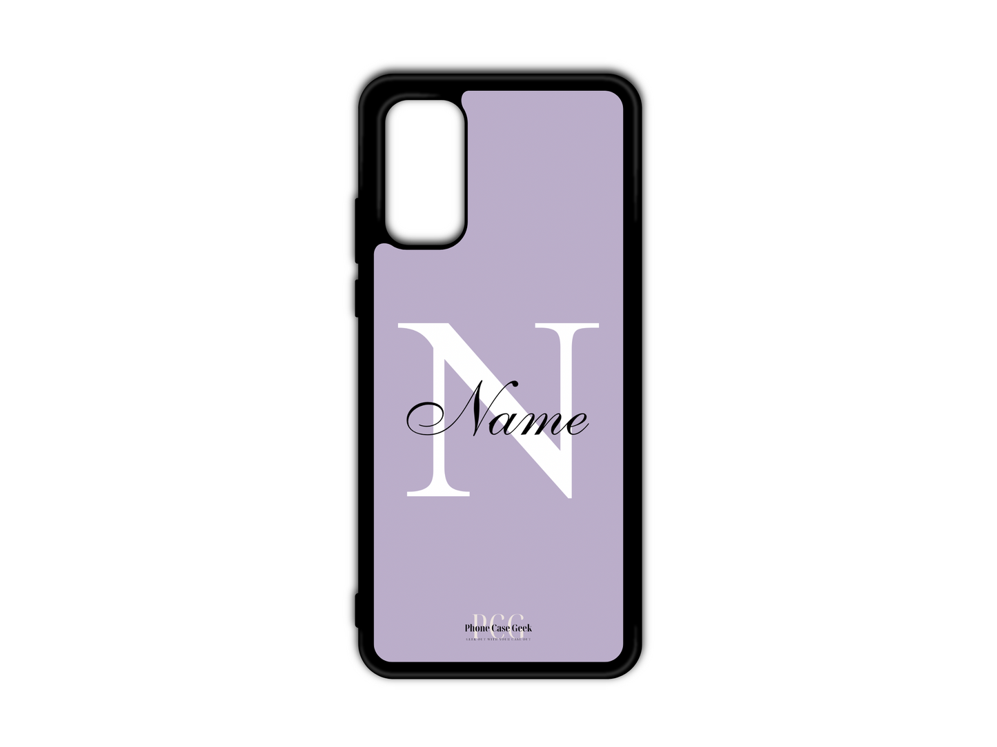 Template layout for a personalized monogram name phone case for Samsung Galaxy S20, S20 Ultra, and S20 FE, featuring a purple background with an initial letter and name for customization.