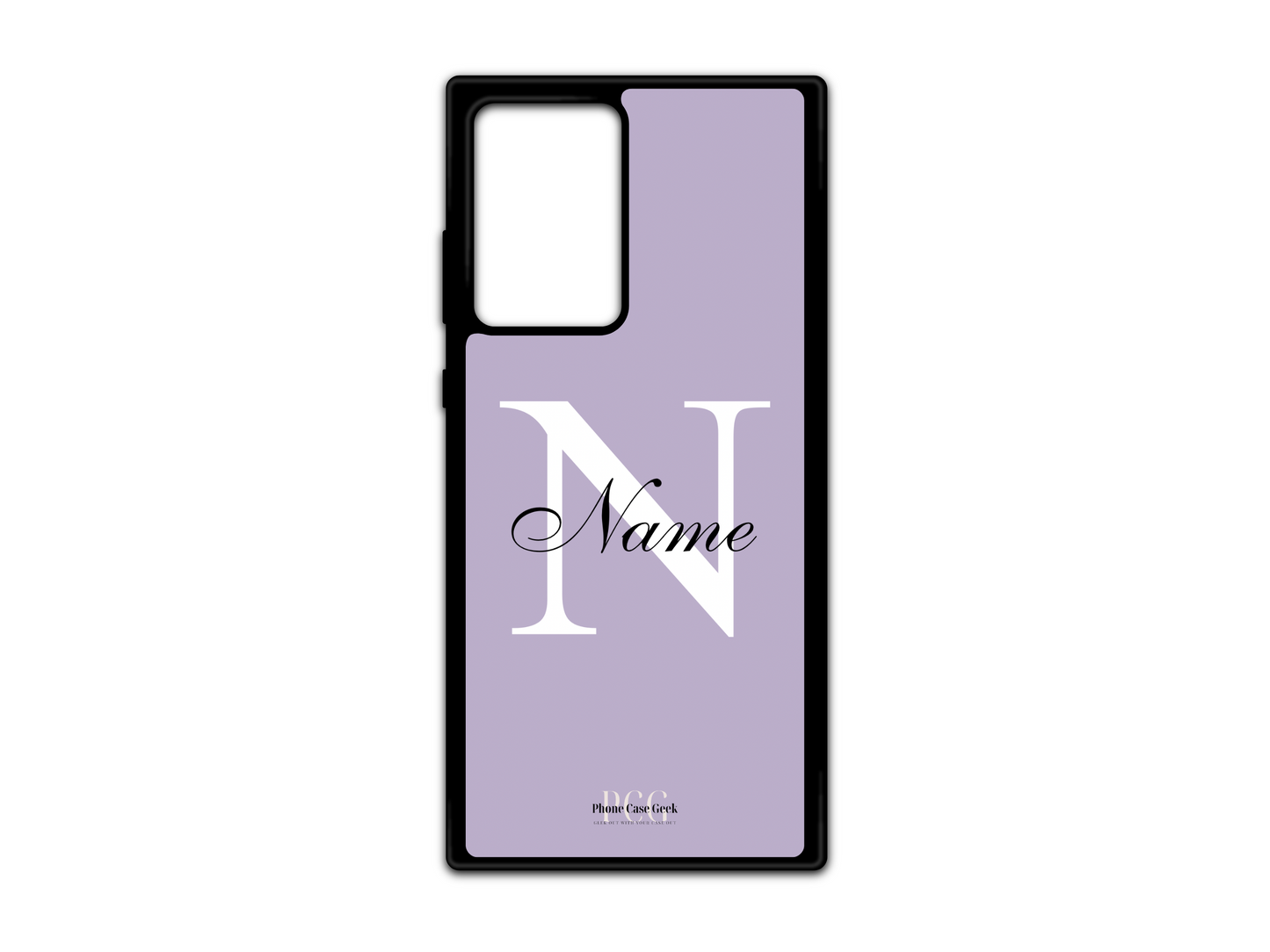 Template layout for a personalized monogram name phone case for Samsung Galaxy S21 Ultra, Note20, and Note20 Ultra, featuring a purple background with an initial letter and name for customization.