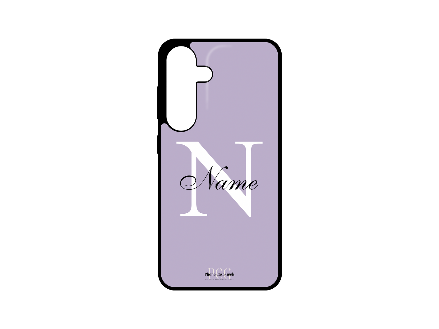 Template layout for a personalized monogram name phone case for Samsung Galaxy S24, S23, S22, and S21, featuring a purple background with an initial letter and name for customization.