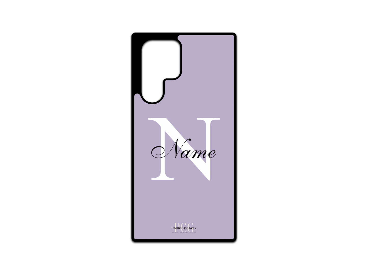 Template layout for a personalized monogram name phone case for Samsung Galaxy S24 Ultra, S23 Ultra, and S22 Ultra, featuring a purple background with an initial letter and name for customization