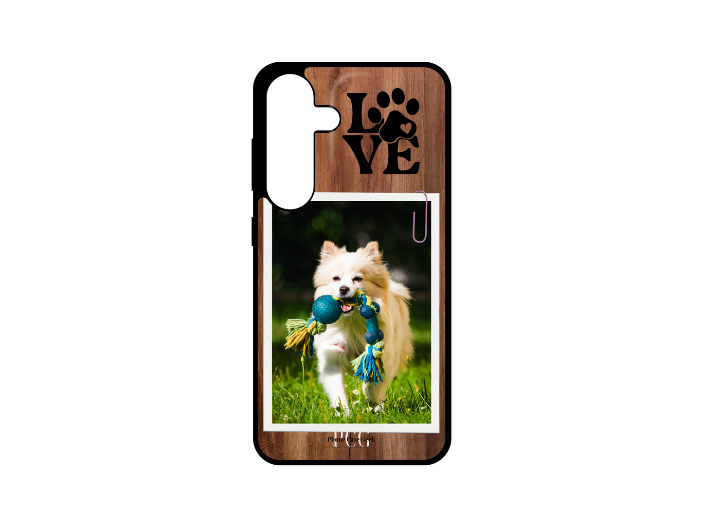 Pet custom phone case for Samsung Galaxy S24, S23, S22, and S21 featuring a dark wood pattern design with a photo of a dog and the word 'Love' in the upper right corner."