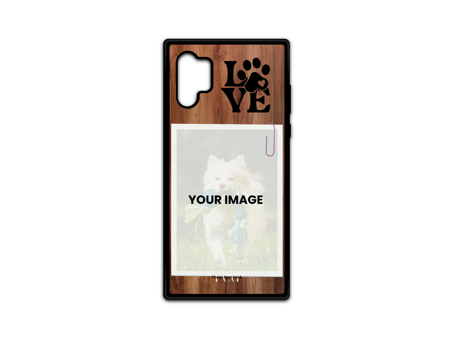 Template for pet custom phone case for Samsung Galaxy Note 10 with dark wood pattern background, featuring placeholder for pet photo and 'Love' text in the upper right corner."